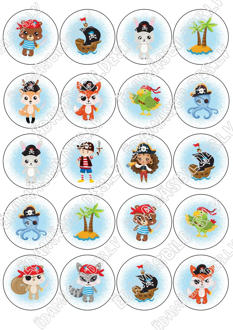 Cukura papīrs ar apdruku "Jautrie pirāti", kapkeiku aplīši 5 cm